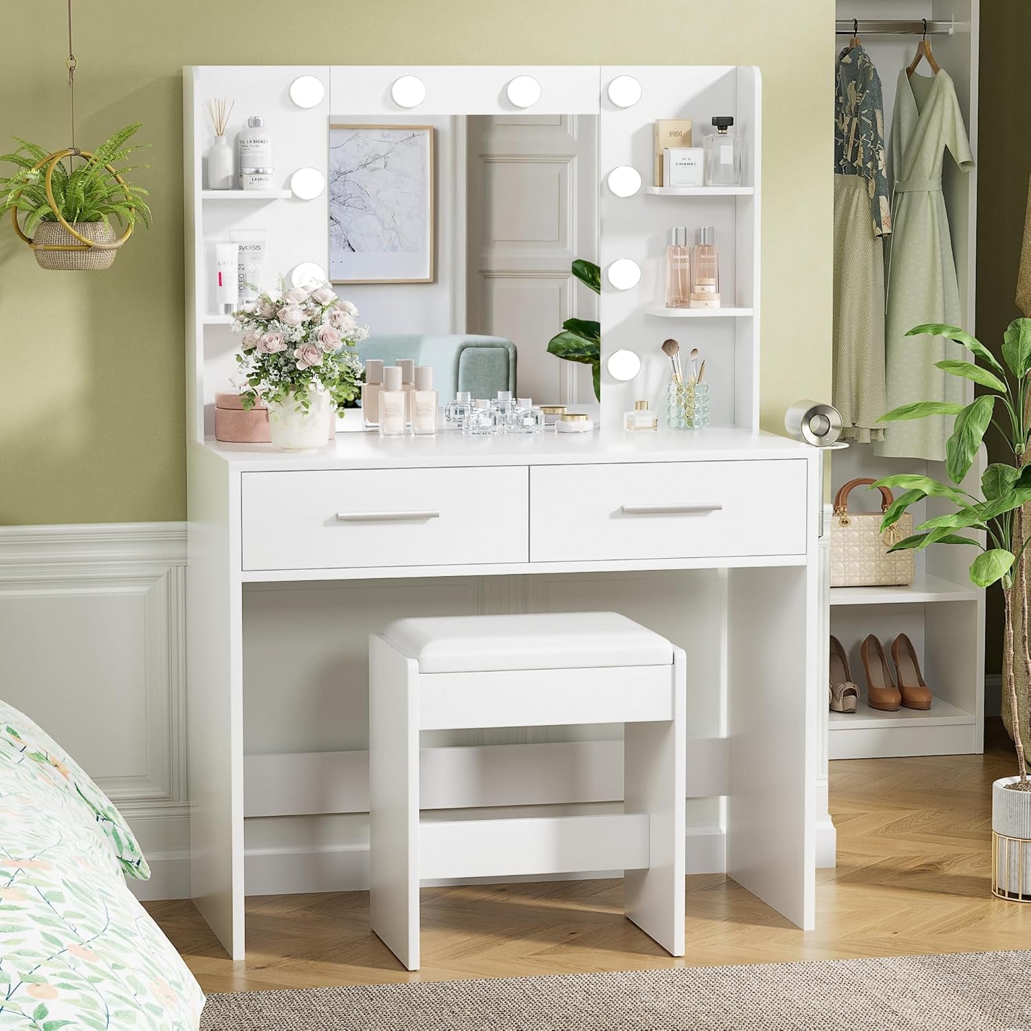 Vanity Desk with Mirror, Makeup Table with 2 Large Drawers, Power Outlet and round Holder, 3 Color Modes Adjustable Bulb, Bench Included, White