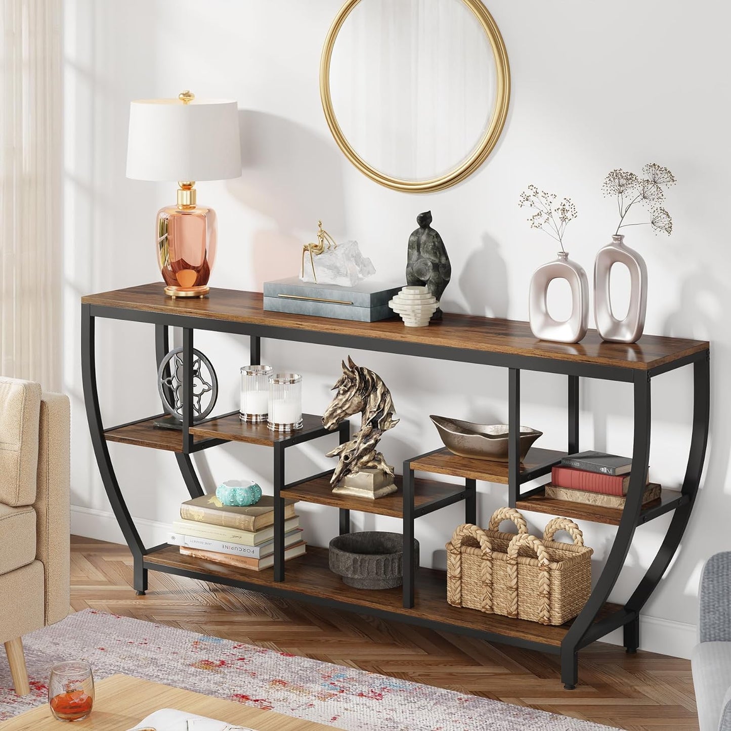 70.9 Inch Long Sofa Table with Shelves, Rustic Console Table with Storage, Industrial Entryway Table TV Stand, behind Couch Table Accent Tables for Living Room, Hallway, Foyer