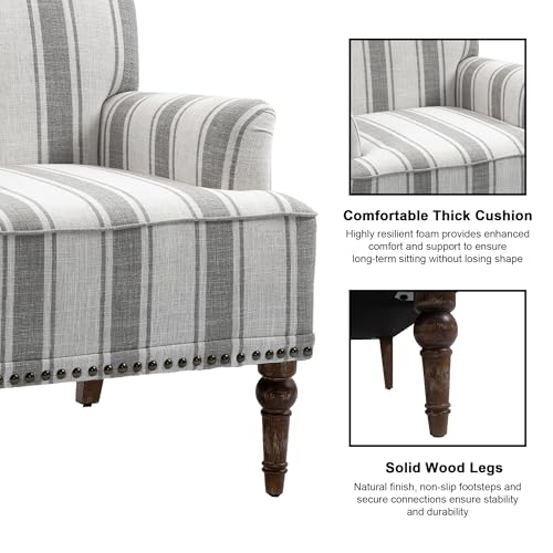 Accent Chair, Mid Century Modern Comfy Armchair for Living Room, Linen Fabric Single Sofa Lounge for Reading Bedroom Apartment Waiting Room with Wood Legs (Grey Stripe, Set of 1)