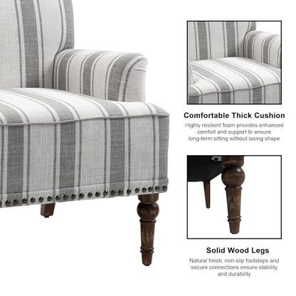 Accent Chair, Mid Century Modern Comfy Armchair for Living Room, Linen Fabric Single Sofa Lounge for Reading Bedroom Apartment Waiting Room with Wood Legs (Grey Stripe, Set of 1)