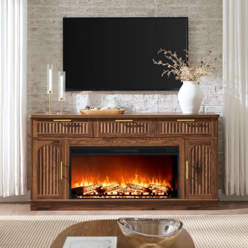 Fireplace TV Stand for 75" TV, 36" Electric Fireplace with Mantel, Walnut, view 5