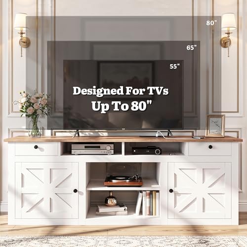 Farmhouse TV Stand with Power Outlet for 80 Inch TVs, White&Walnut, view 6