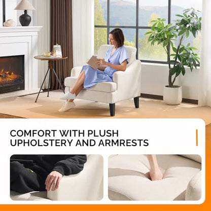 Linen Fabric Accent Chairs Set of 2, Beige Modern Upholstered Armchair, Comfy Sofa Chair Living Room Bedroom Furniture for Apartment
