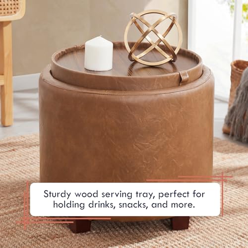17" Round Storage Ottoman with Tray Top, Faux Leather, Mocha | Reversible Tray Lid Flips to Soft Leather Top; Ideal Foot Rest & Extra Seating for Living Room, Bedroom or Office