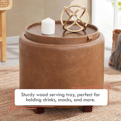 17" Round Storage Ottoman with Tray Top, Faux Leather, Mocha | Reversible Tray Lid Flips to Soft Leather Top; Ideal Foot Rest & Extra Seating for Living Room, Bedroom or Office