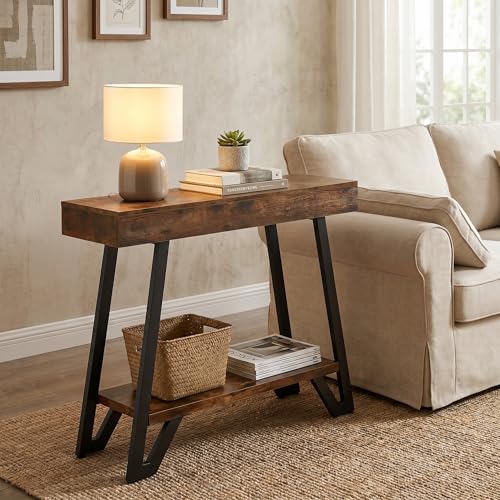 41-Inch Console Table with Geometric Metal Frame, Rustic Brown, Entryway Tables, Storage Shelves, 2-Tier, Industrial, Hallway Sofa Table, Accent Table, Living Room