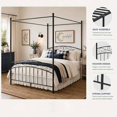 Metal Canopy Bed Frame Queen Size with Headboard & Footboard, view 6