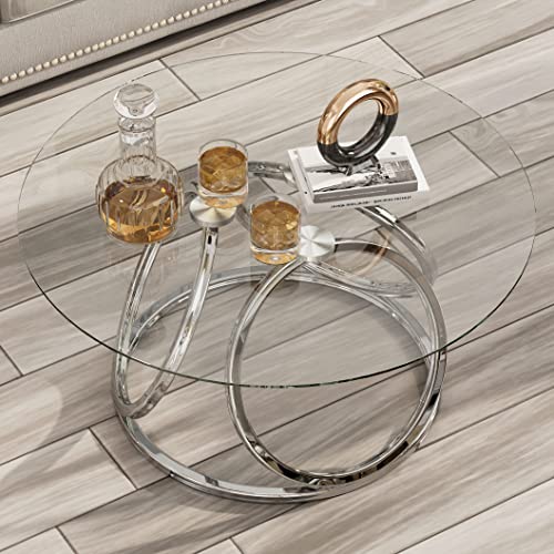Silver Coffee Table, Modern Glass Coffee Table Living Room Table with Ring-Shaped Frames, Glass Coffee Table for Home&Office, Chrome Finish, 1 PC | Modern