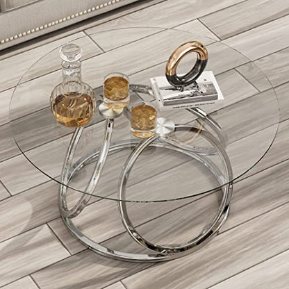 Silver Coffee Table, Modern Glass Coffee Table Living Room Table with Ring-Shaped Frames, Glass Coffee Table for Home&Office, Chrome Finish, 1 PC | Modern