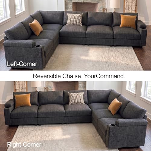 Sectional Couches for Living Room FSC Certified Chenille Modular Couch Oversized Cloud U Shaped Convertible Sleeper Sofa Chaise Detachable Armrest Cushion (Chenille Grey, L Shape 6 Seat)