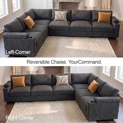 Sectional Couches for Living Room FSC Certified Chenille Modular Couch Oversized Cloud U Shaped Convertible Sleeper Sofa Chaise Detachable Armrest Cushion (Chenille Grey, L Shape 6 Seat)