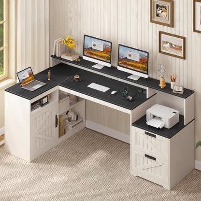 63" Farmhouse L Shaped Desk with Drawers and Printer Stand for Home Office, view 2