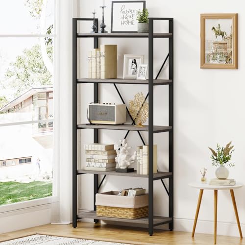 Industrial Bookshelf, Etagere Bookcases and Book Shelf 5 Tier Shelves, Grey Wood and Metal Shelving Unit (Dark Gray Oak)