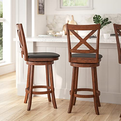 Sora Crossback Swivel Bar Height Stool - Antique Oak Finish - 30" H Padded Black Faux Leather Seat - 360° Swivel - Integrated Footrest
