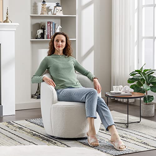 Swivel Barrel Chair, Teddy Sherpa Upholstered Modern Round Accent Arm Chairs, 360 Degree Swivel Small Single Sofa Armchair for Nursery Living Room Bedroom (Teddy, Ivory)