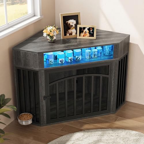 52" Corner Dog Crate Furniture with LED Light & Power Outlets, view 3