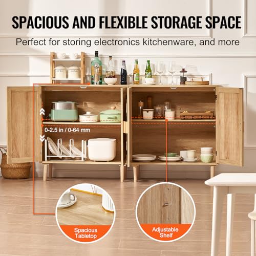 Rattan Buffet Cabinet with Storage, 4 Magnetic Doors and Adjustable Shelves, view 7
