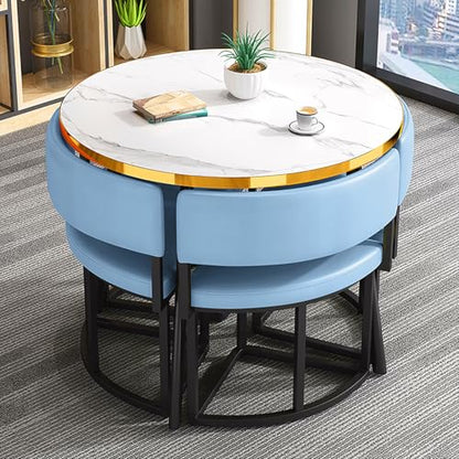Round Dining Table Set for 4 with Chairs Space Saving Kitchen Furniture for Small Apartments Modern Reception Table and Chair Combination,Blue-One Size