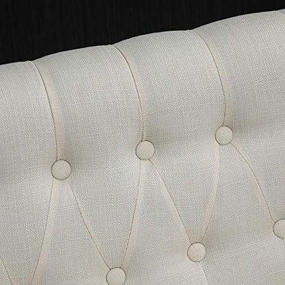 Fabric Loveseat with Wood Legs, Buton Tufted Settee, Cream White | Upholstered, Armless, Living Room