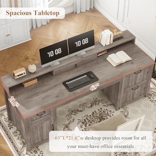 Farmhouse 63" Executive Desk, Wood Computer Desk with Drawers and Storage Cabinet, Home Office Desk with File Drawer and Monitor Stand, Wood Desk for Work Study Writing, Grey