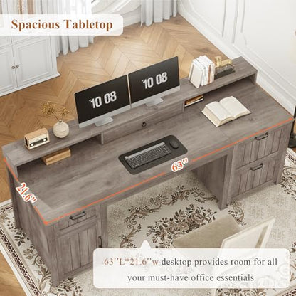 Farmhouse 63" Executive Desk, Wood Computer Desk with Drawers and Storage Cabinet, Home Office Desk with File Drawer and Monitor Stand, Wood Desk for Work Study Writing, Grey