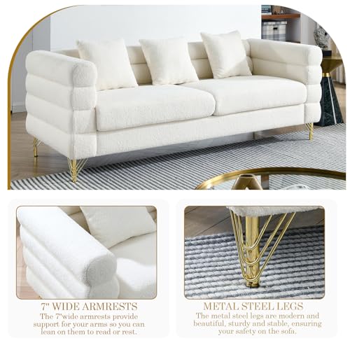 Modern Sofa Couch, 81" W Teddy Bouclé Oversized Loveseat Cloud Sofa, Upholstered Tufted Comfy Deep Seat Couch with Gold Legs & Pillows for Living Room, Bedroom, Office, Apartment((3 Seater, White)