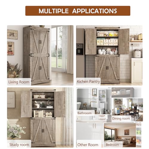 71" Tall Kitchen Pantry,Farmhouse Storage Cabinet with Adjustable Shelves,Load-Bearing Steel Pipe,Farmhouse Pantry Cabinet with 4 Barn Doors,for Kitchen,Dining Room,Living Room(Light Rustic Oak)