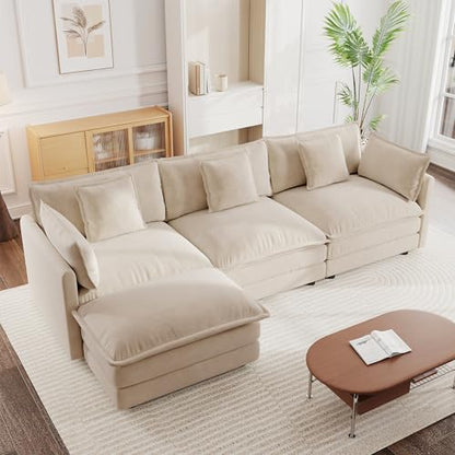 Modular Sectional Sofa, 111.5 Inch L Shaped Couch Set for Living Room, 3-Seater Comfy Cloud Couches with Movable Ottoman, DIY Combination, Chenille, Light Coffee