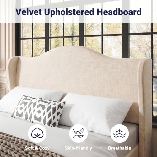 Queen Size Bed Frame, Chenille Wingback, Modern Style, Beige, view 7