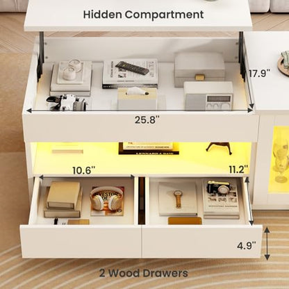 39.4" Lift Top Coffee Table with 2 Drawers, Modern LED Coffee Tables for Living Room, Coffee Table with Glass Storage Cabinet, White