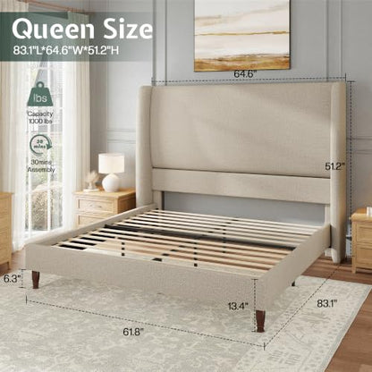 Queen Bed Frame Linen Upholstered Wingback Headboard, Brown, view 3