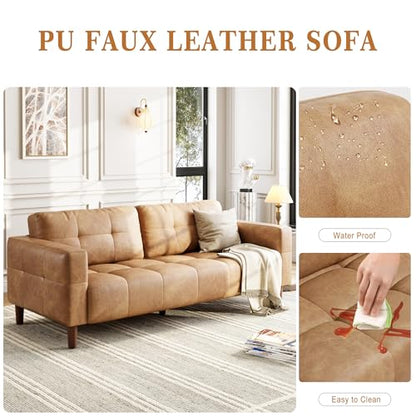 83” Brown Faux Leather Couch, 3 Seater Sofa Couches with 2 Removable Back Cushions for Living Room, Large Mid Century Modern Office Apartment Couch (Brown)