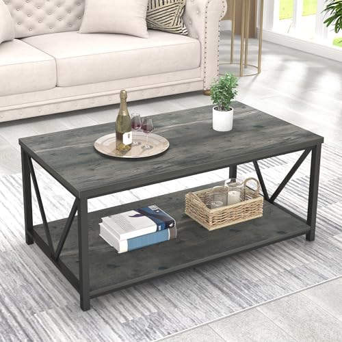 Coffee Table, Rustic Wood and Metal Center Table for Living Room, 39.3 Inch Grey