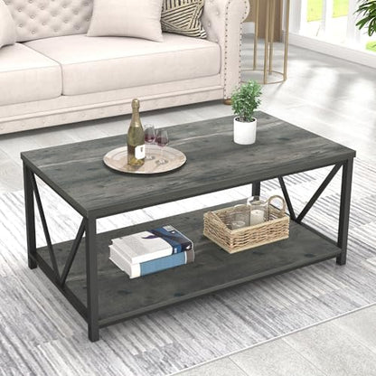 Coffee Table, Rustic Wood and Metal Center Table for Living Room, 39.3 Inch Grey