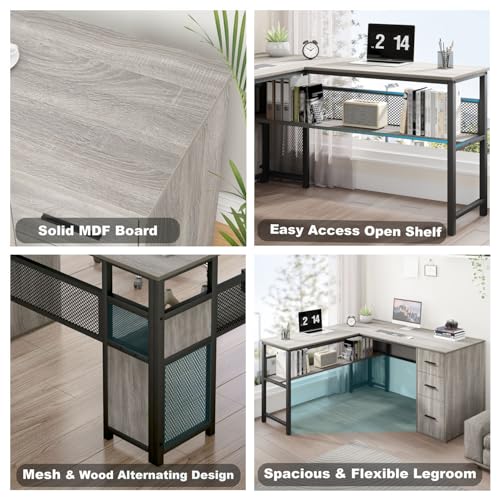 Reversible Gray L Shaped Corner Desk, Farmhouse Wood Computer Desk with File Drawers Cabinets, Large Work Study Executive Home Office Desk with Storage Shelves for Bedroom, Light Grey Oak, 59 Inch