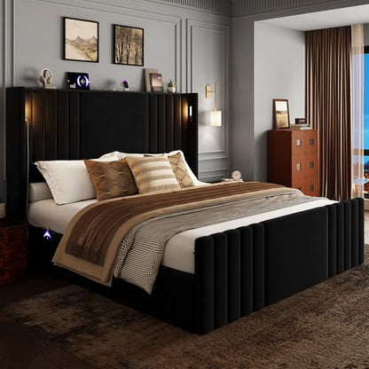 Black Queen Size Platform Bed with Reading Lights, view 7