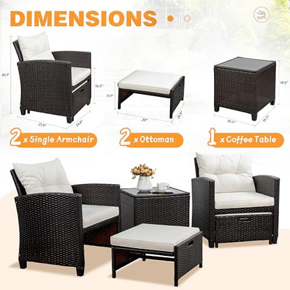 5 Pieces Patio Furniture Set, Outdoor Wicker Patio Conversation Set with Ottoman, All Weather Rattan Outside Chairs with Coffee Table & Cushion for Porch, Garden, Backyard, Beige