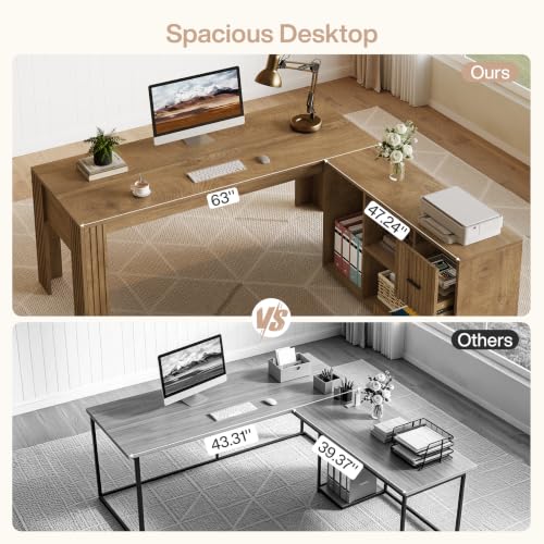 63" L Shaped Executive Desk with Mobile File Cabinet, Brown, view 7