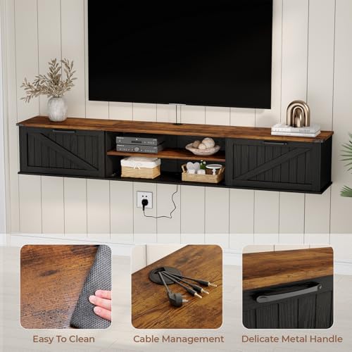 70" Farmhouse Floating TV Stand with Filp Doors for TVs up to 90", Black, view 6