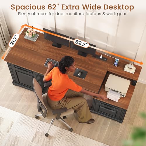 Farmhouse Executive Desk, 62'' Home Office Desk with File Drawers, view 7