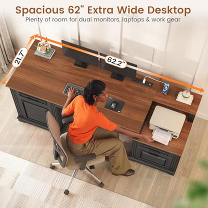 Farmhouse Executive Desk, 62'' Home Office Desk with File Drawers, view 7