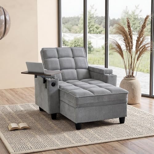oaaktu Modern Tufted Linen Fabric Chaise Lounge Sofa Chair with Rotating Side, view 2