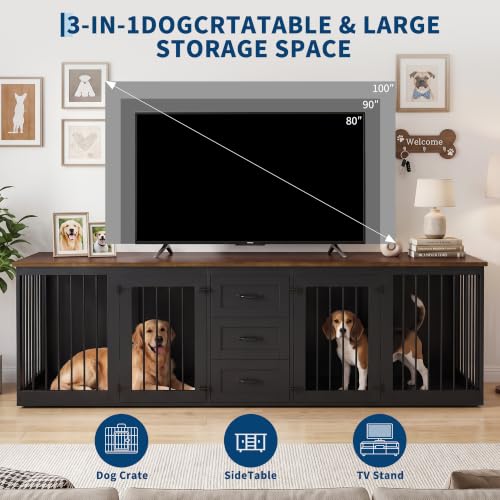 92.8" Double Dog Crate Furniture with 3 Drawers, Dog Kennel Indoor, view 6
