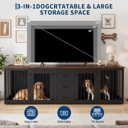 92.8" Double Dog Crate Furniture with 3 Drawers, Dog Kennel Indoor, view 6