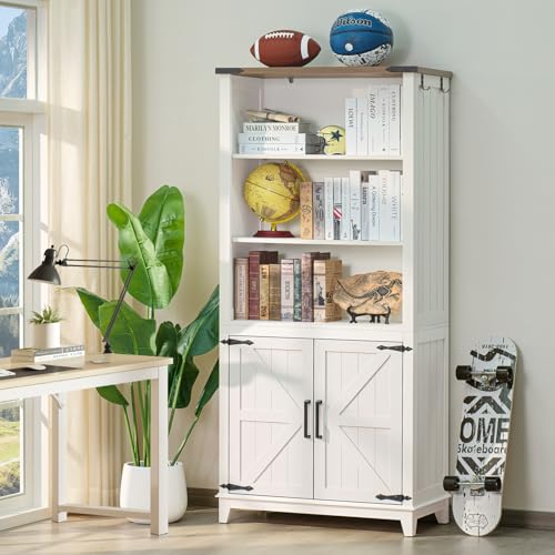 5 Tier Bookshelf 70in Tall Bookcase with Barn Doors and Storage Cabinet, view 2