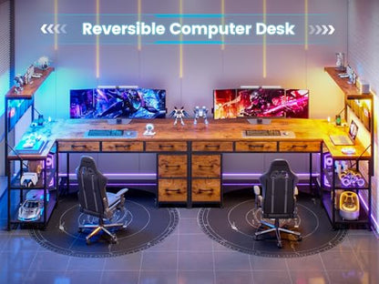 L Shaped Desk with Drawers and Hutch, 47.2" Reversible Office Computer Desk with 5 Fabric Drawers, L Shaped Desk with Storage Shelves, Power Outlet and LED Lights for Home Office, Rustic Brown