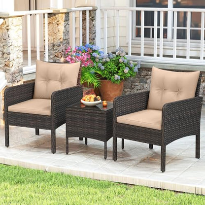 3 Pieces Patio Furniture Set, Outdoor Rattan Wicker Conversation Set with Coffee Table & Cushions, Patio Sofa Set for Garden Balcony Backyard Poolside