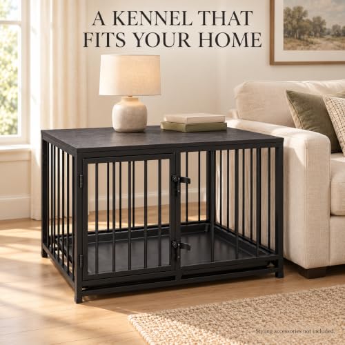 Dog Crate Furniture, 33.5" Metal Dog Kennel, Wood Tabletop, Black, view 4