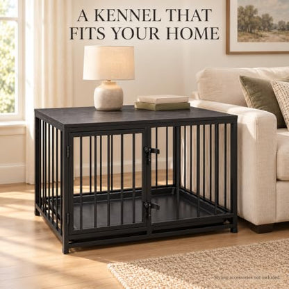 Dog Crate Furniture, 33.5" Metal Dog Kennel, Wood Tabletop, Black, view 4