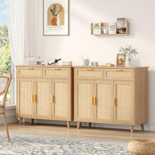 Rattan Sideboard Buffet Cabinet with Storage, 35.4" W Buffet Cabinet with 2 Drawers and 3 Doors, Sideboard Storage Cabinet with Adjustable Shelves for Kitchen, Living Room, Natural Oak
